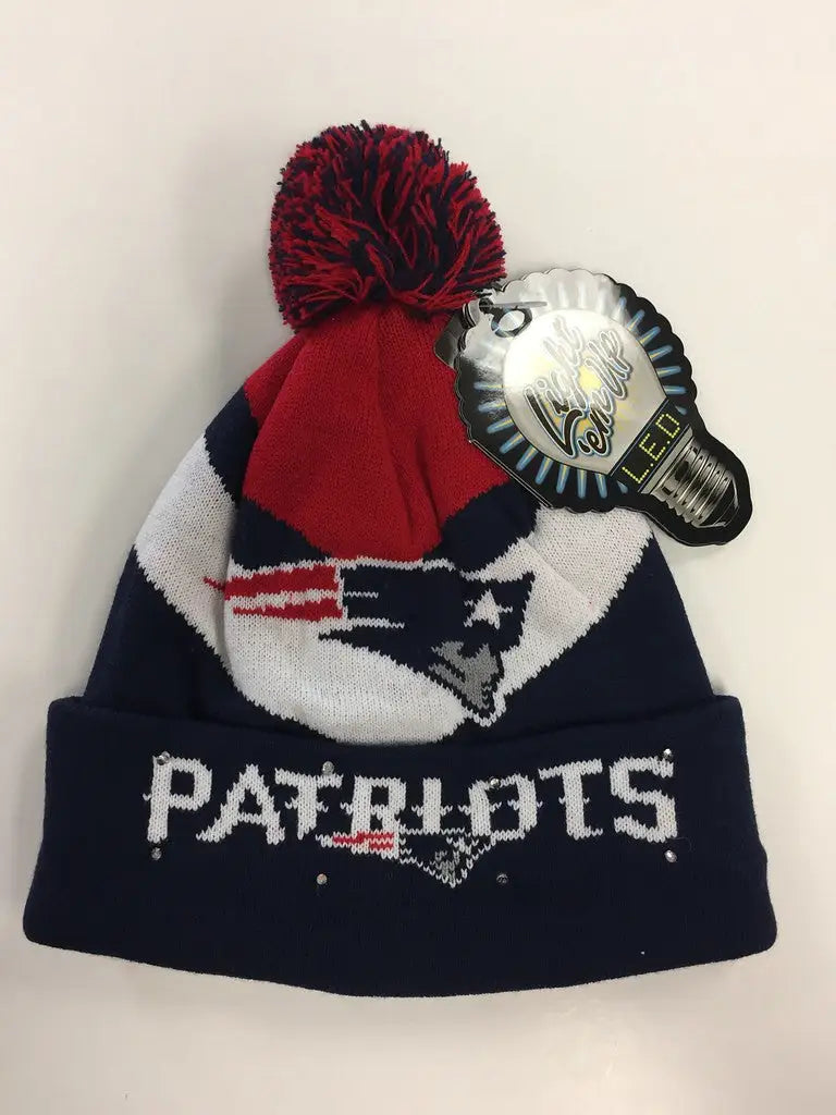 New England Patriots Big Logo Colorblock Light Up Beanie with red pom-pom and championship ring