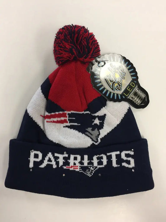 New England Patriots Big Logo Colorblock Light Up Beanie with red pom-pom and championship ring