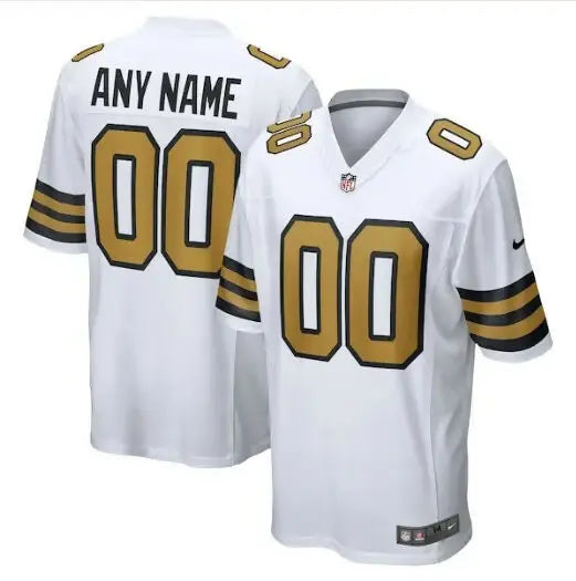 White and gold New Orleans Saints Nike alternate custom football jersey with 00 numbers
