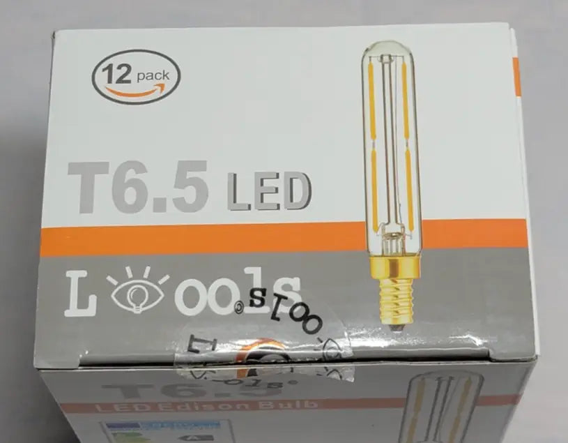 Retail box of 12 T6.5 LED light bulbs, dimmable Edison glass LED light bulbs