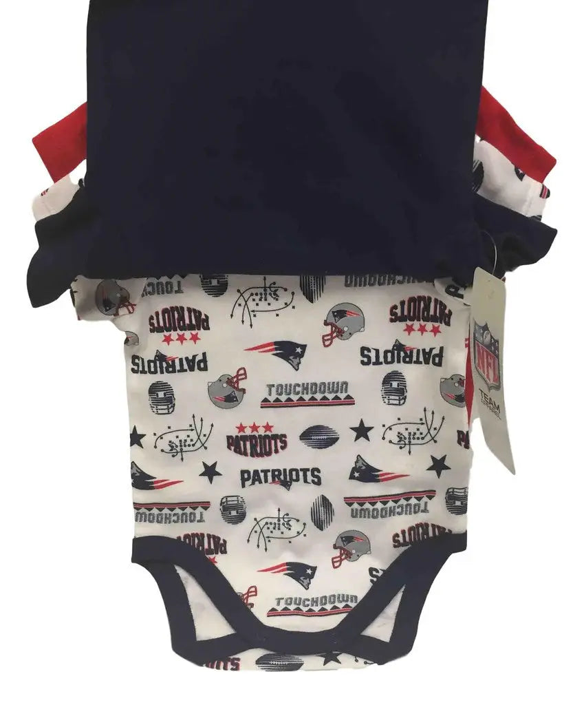 Baby onesie featuring New England Patriots logos in NFL three pack bodysuit design
