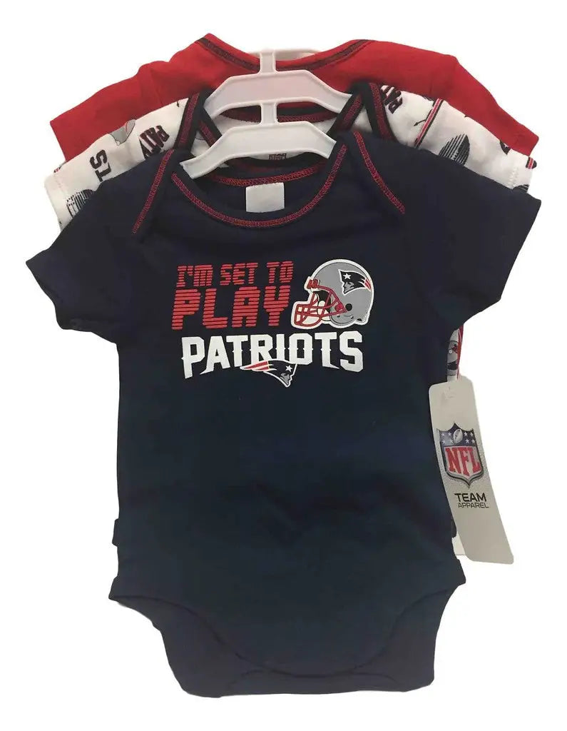 Navy blue infant onesie with I’m set to play Patriots text for New England Patriots fans