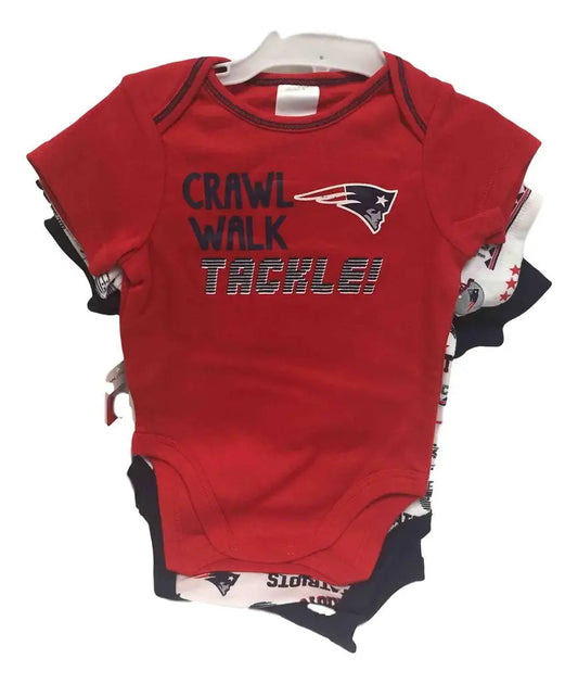 Red New England Patriots infant onesie with Crawl Walk Tackle text for young fans