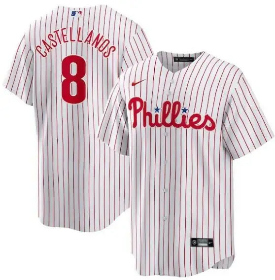 White and red striped Nick Castellanos Philadelphia Phillies Nike replica player jersey