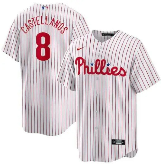 White and red striped Nick Castellanos Philadelphia Phillies Nike replica player jersey