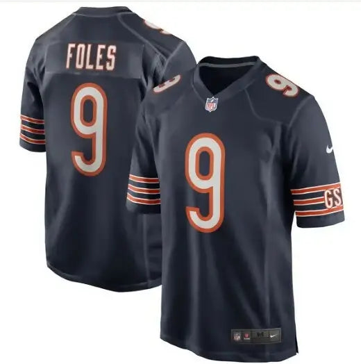 Dark blue Chicago Bears Nick Foles jersey with orange and white trim
