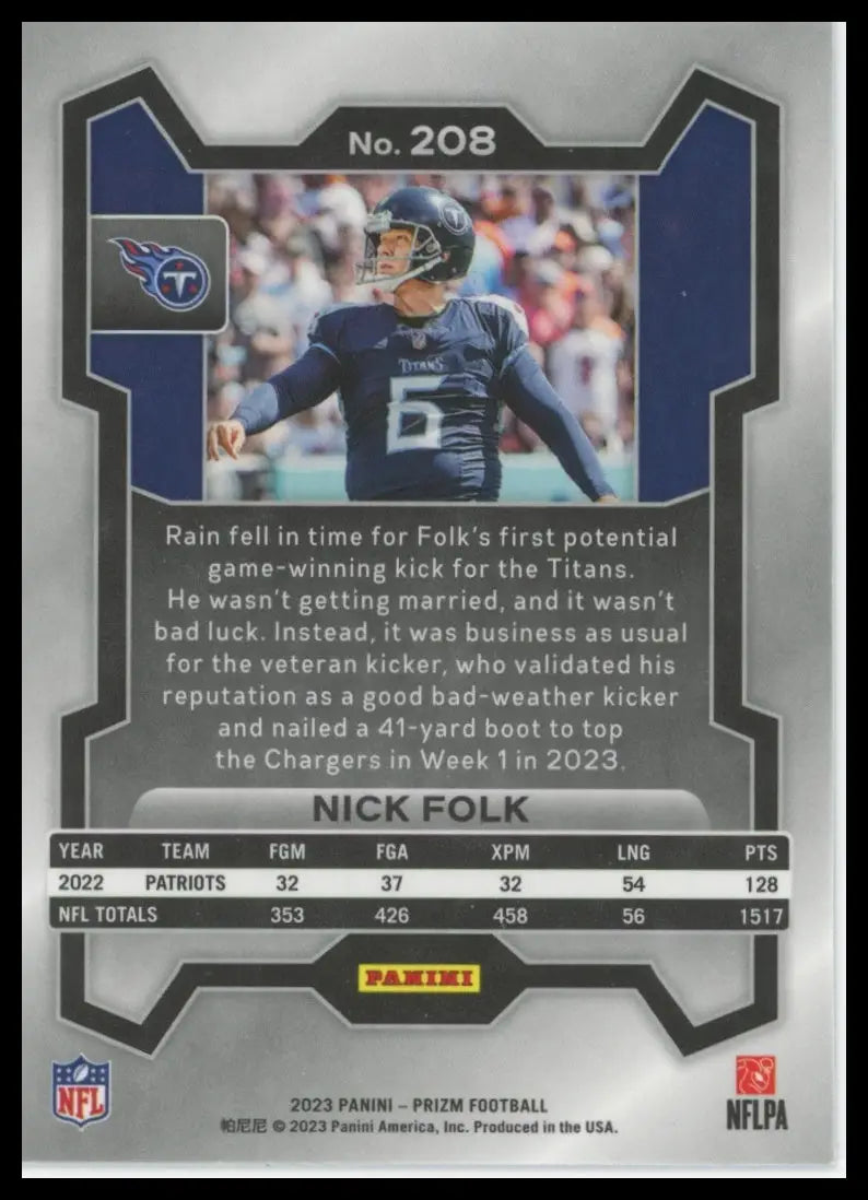 Panini Prizm football card featuring Nick Folk of the Tennessee Titans 2023