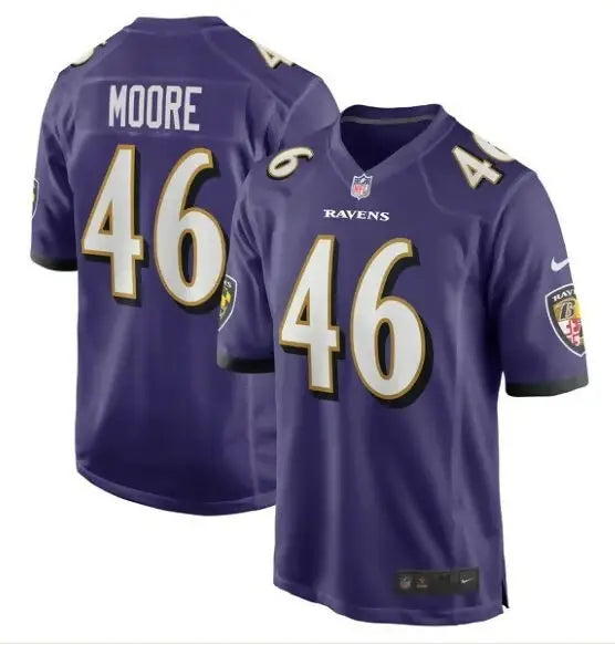 Purple Baltimore Ravens Nick Moore NFL jersey with white Moore 46 lettering
