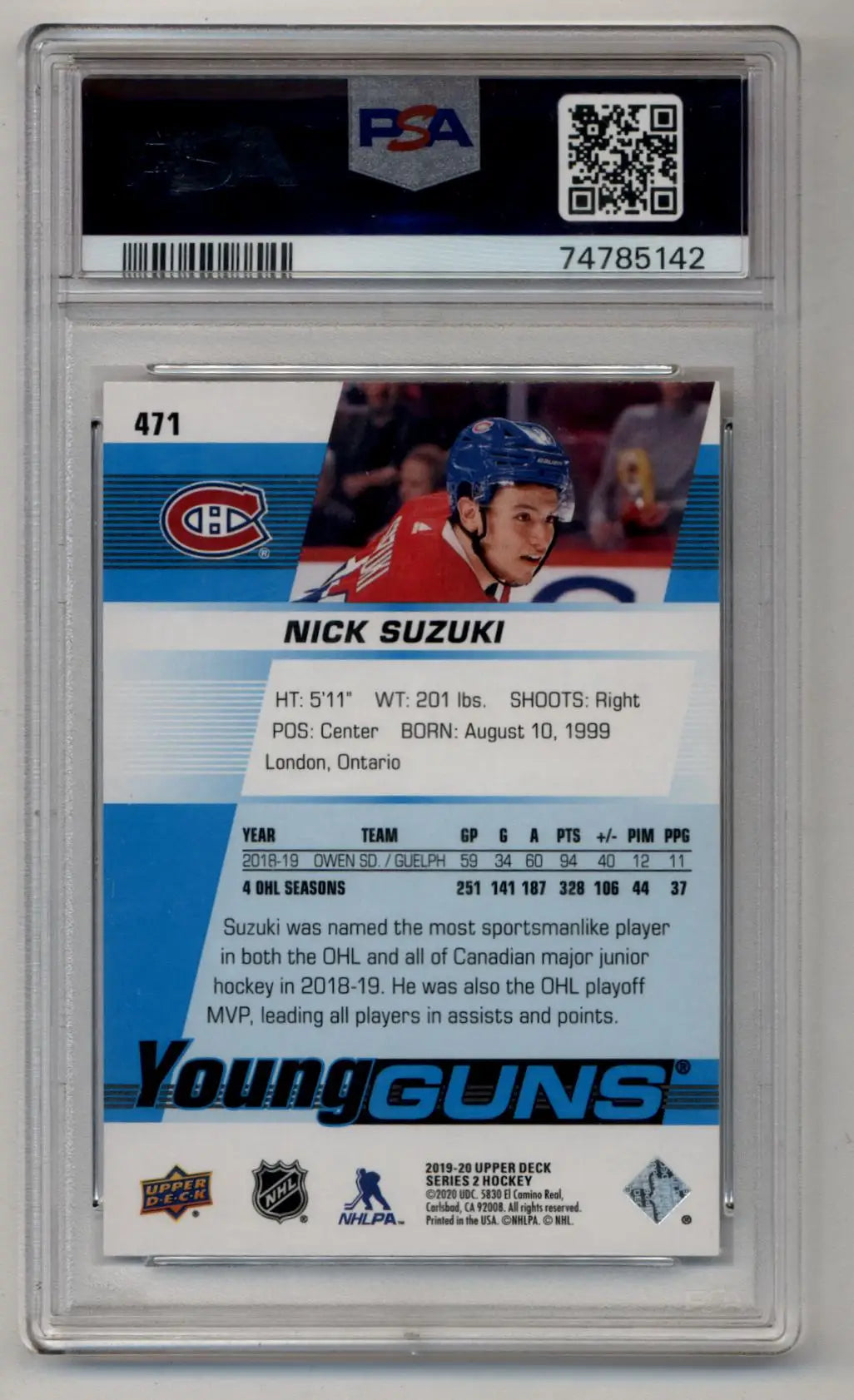 Nick Suzuki 2019-20 Upper Deck Young Gun #471 PSA 10 Gem Mint 5142 - Singles
