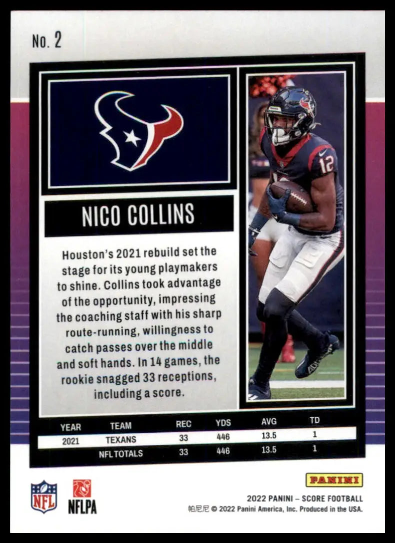 Nico Collins football card from 2022 Score Houston Texans product