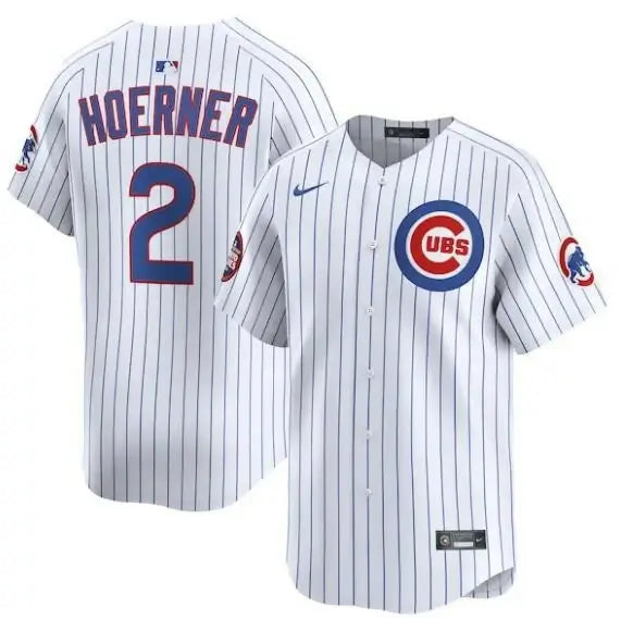 White pinstripe Nico Hoerner Chicago Cubs Nike 2025 MLB World Tour jersey