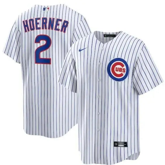 White pinstripe Nico Hoerner Chicago Cubs Nike replica player jersey on display