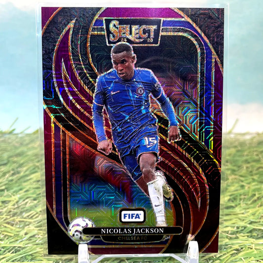 Panini Select FIFA soccer trading card of Nicolas Jackson Chelsea FC Mezzanine Purple Mojo
