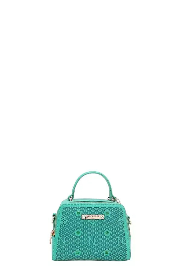 Teal snakeskin-patterned vegan leather structured handbag by Nicole Lee USA with gold hardware
