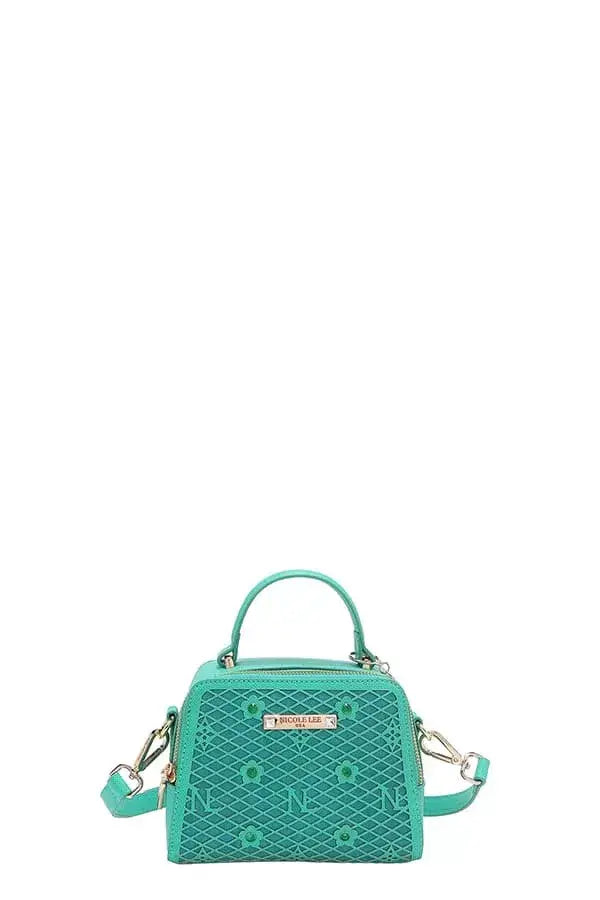 Teal snakeskin vegan leather Nicole Lee USA structured crossbody bag with logo