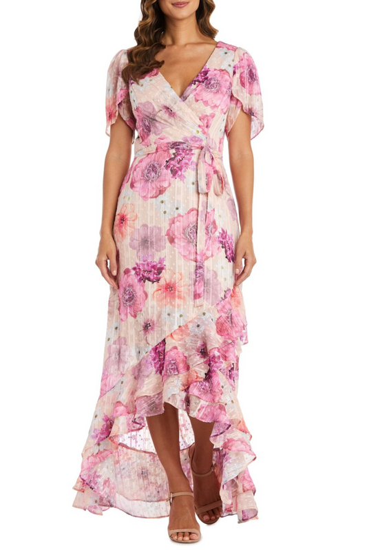 Last One! Size 8 - Nightway Chiffon Floral Metallic Flutter Maxi Day Dress