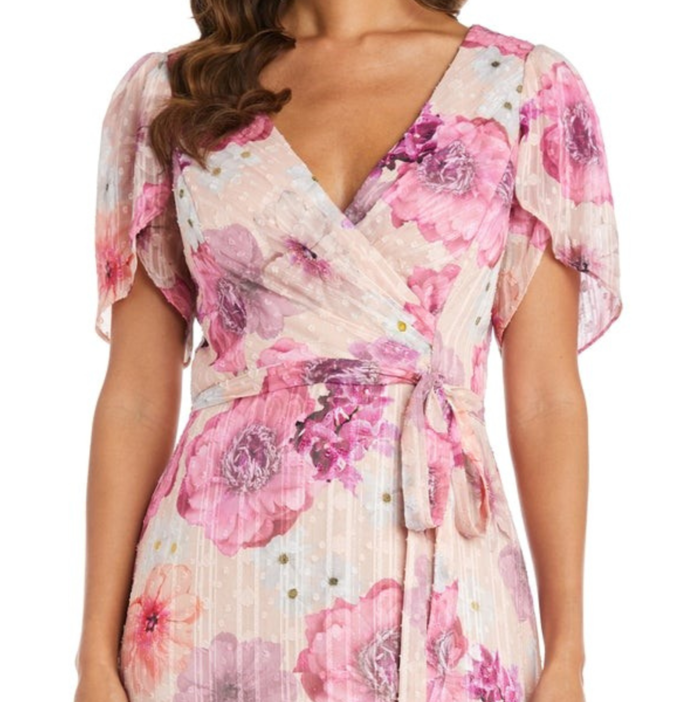 Last One! Size 8 - Nightway Chiffon Floral Metallic Flutter Maxi Day Dress