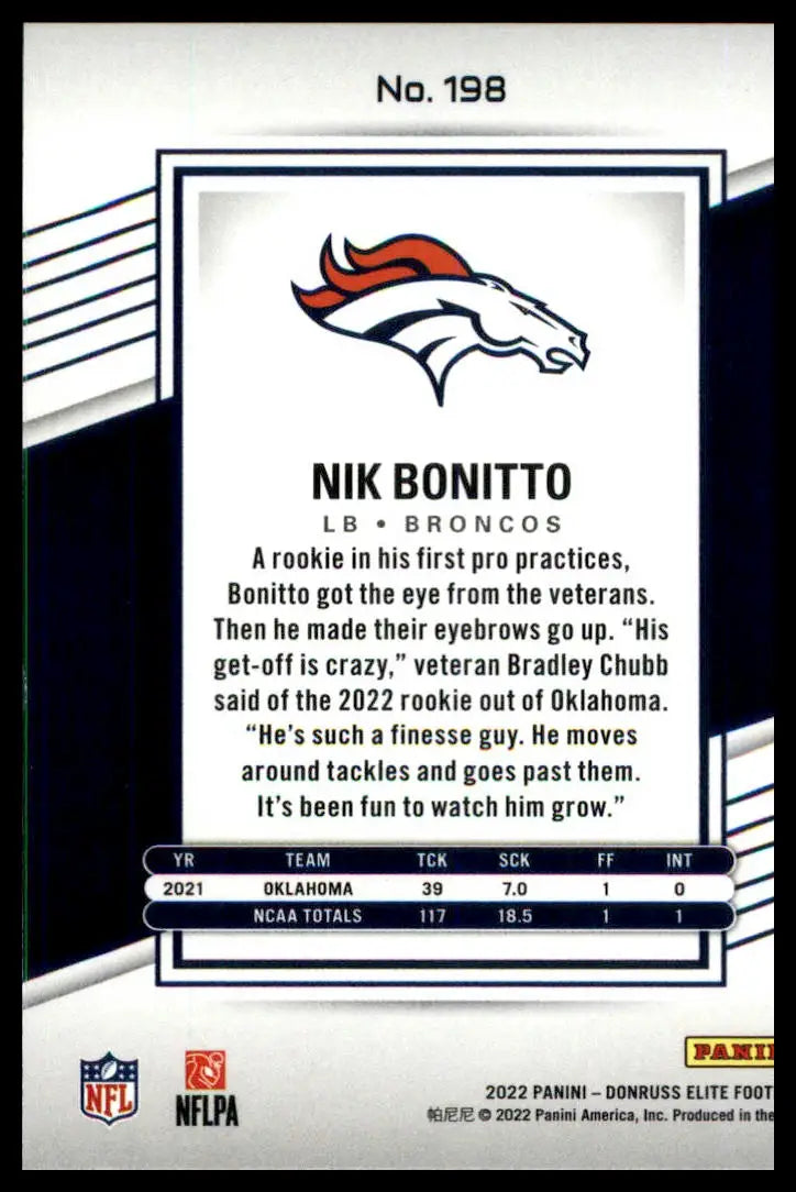 Nik Bonitto football card from Donruss Elite 2022 Rookie series Denver Broncos