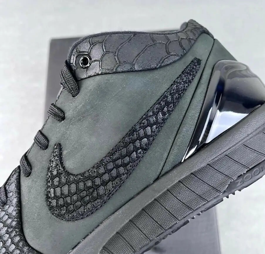 Black Nike Kobe 4 Protro Gift Of Mamba shoe with textured swoosh, fast shipping available