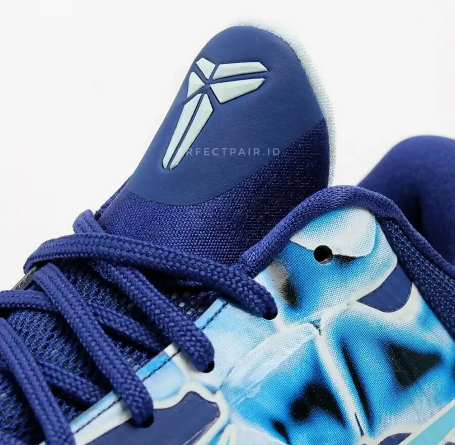 Nike Kobe 5 Protro X-ray blue and white athletic shoe with patterned upper and blue laces for fast shipping