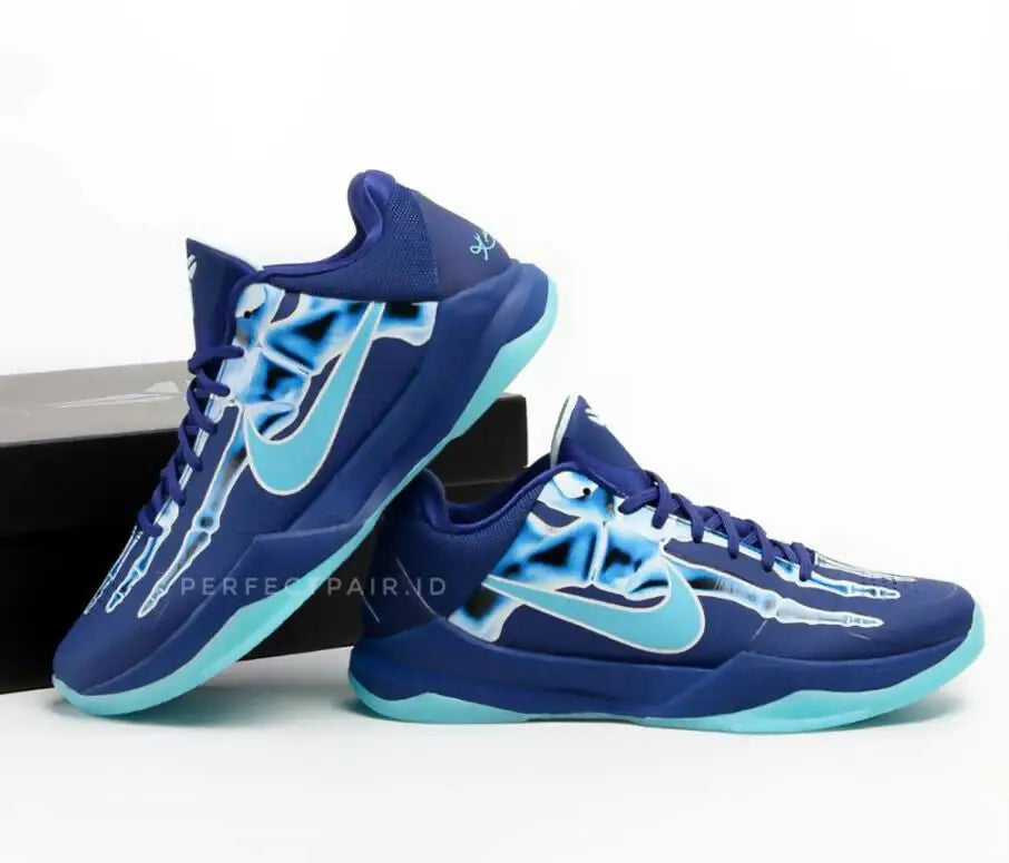 Nike Kobe 5 Protro X-ray basketball shoes in navy and light blue with skeletal design, fast shipping
