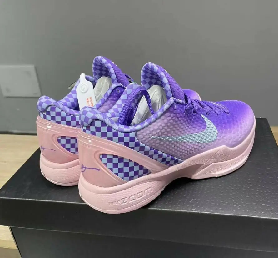 Nike Kobe 6 Purple Checkerboard sneakers with checkered heels, ombré effect, and light blue swooshes for fast shipping