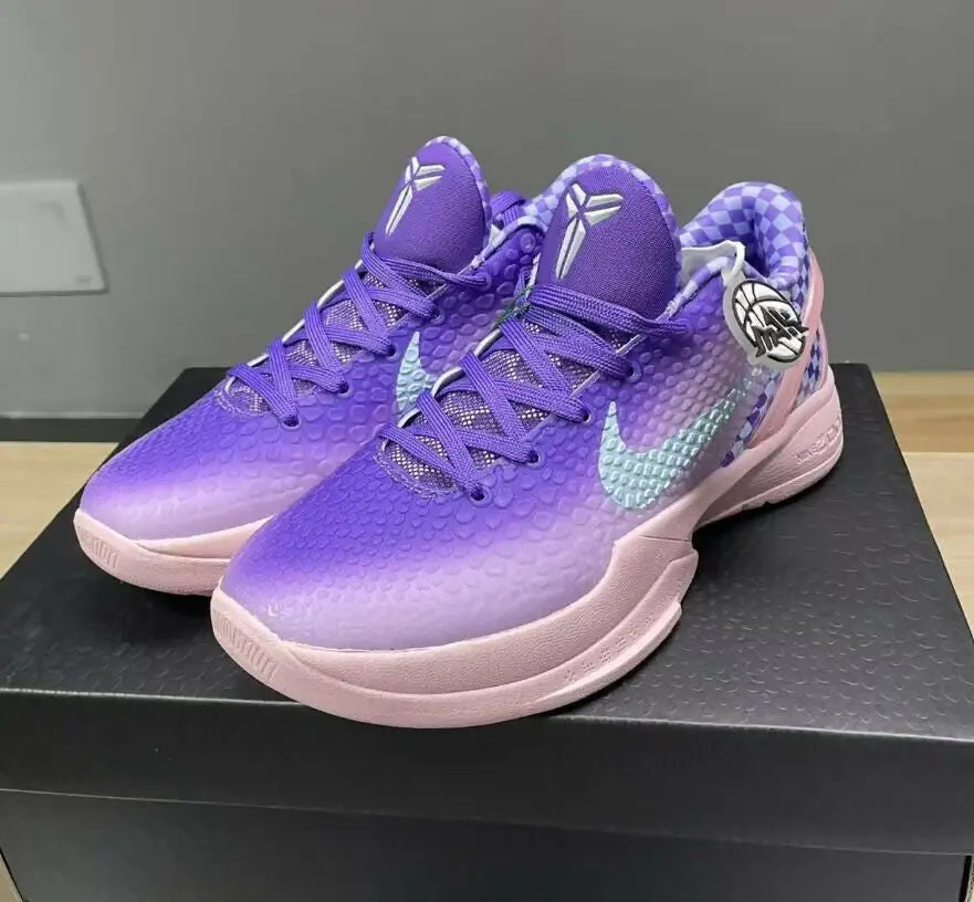 Nike Kobe 6 Purple Checkerboard basketball shoes with gradient purple pink design and blue swoosh for fast shipping within business days