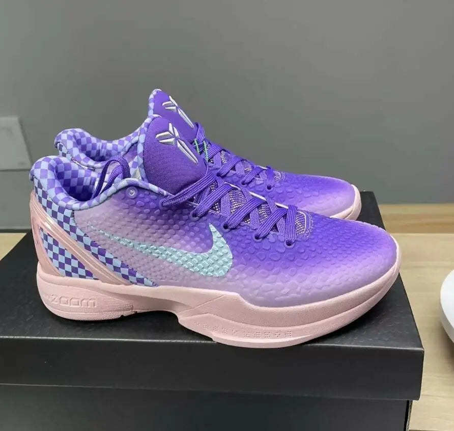 Nike Kobe 6 Purple Checkerboard sneakers with checkered heel and light blue swoosh for fast shipping