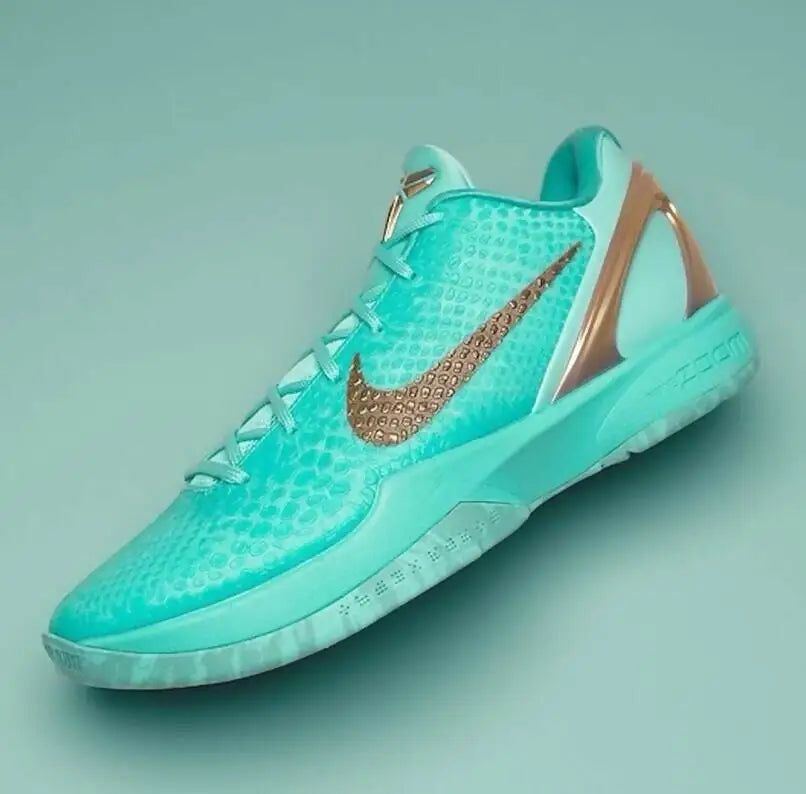 Nike Kobe 6 Statue Of Liberty teal basketball shoe with textured upper and copper accents for fast shipping