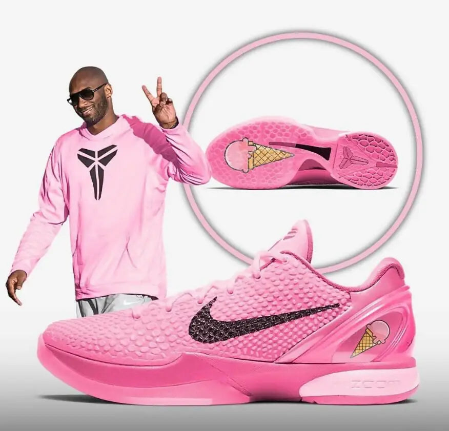 Pink Nike Kobe 6 Strawberry Sherbet Pink athletic shoes with ice cream cone graphic, fast shipping