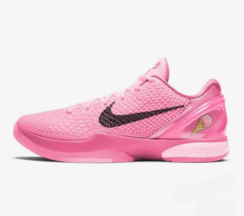 Pink Nike Kobe 6 Strawberry Sherbet Pink basketball shoe with black swoosh and ice cream graphic for fast shipping