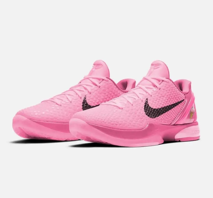 Pink Nike Kobe 6 Protro basketball shoes with black swooshes, fast shipping available