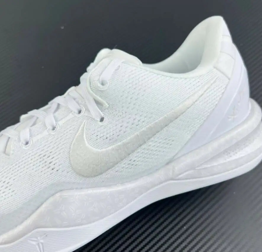 White Nike Kobe 8 Protro Halo shoe with textured swoosh logo, fast shipping available