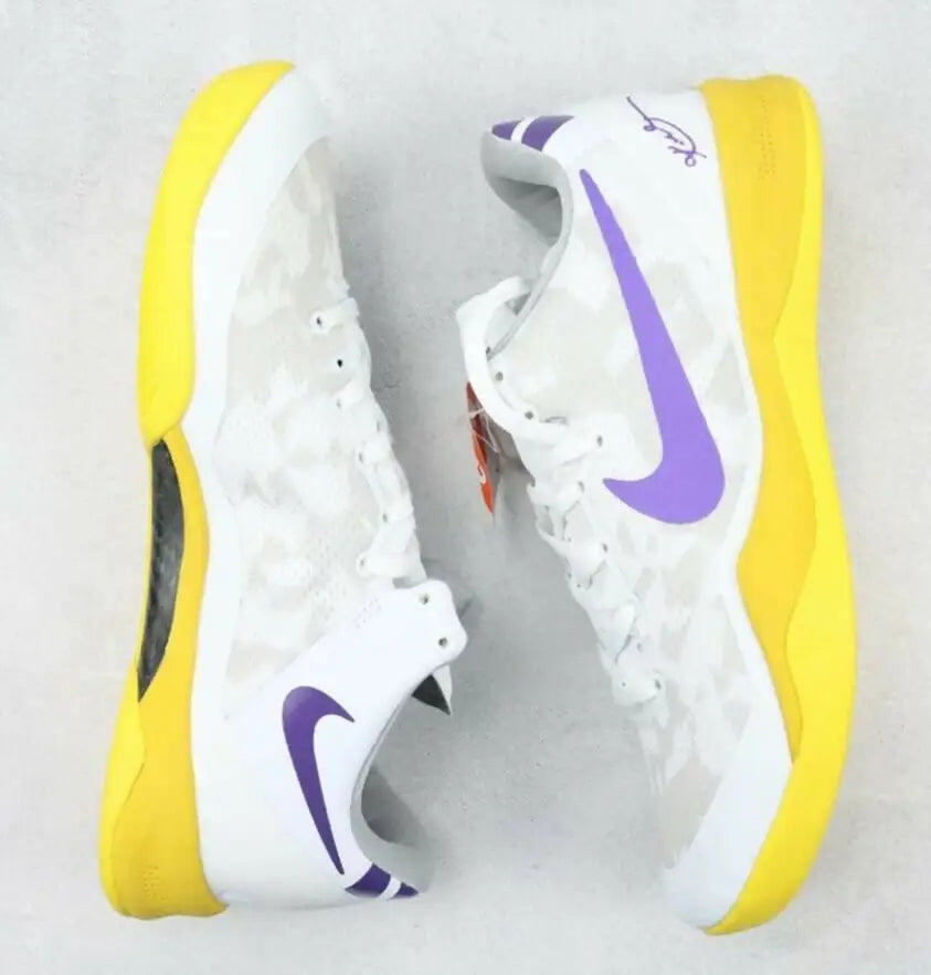 Nike Kobe 8 Protro Lakers Home sneakers with white, yellow, and purple accents, fast shipping