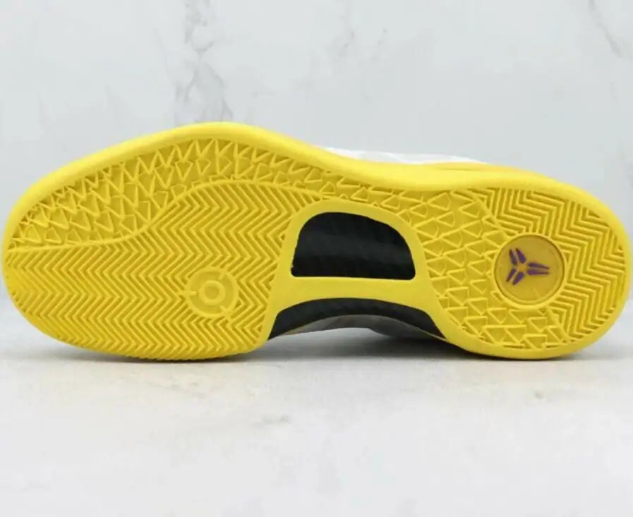 Vibrant yellow sole of Nike Kobe 8 Protro Lakers Home basketball shoe with traction patterns, fast shipping