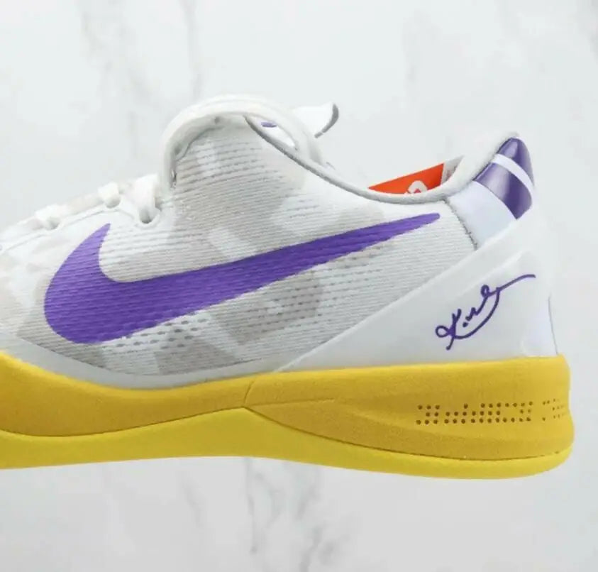Nike Kobe 8 Protro Lakers Home white and purple shoe with yellow sole, fast shipping