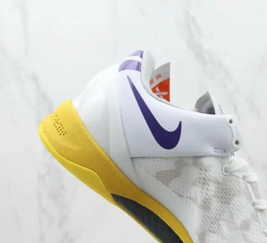 Nike Kobe 8 Protro Lakers Home athletic shoe with white purple and yellow sole fast shipping
