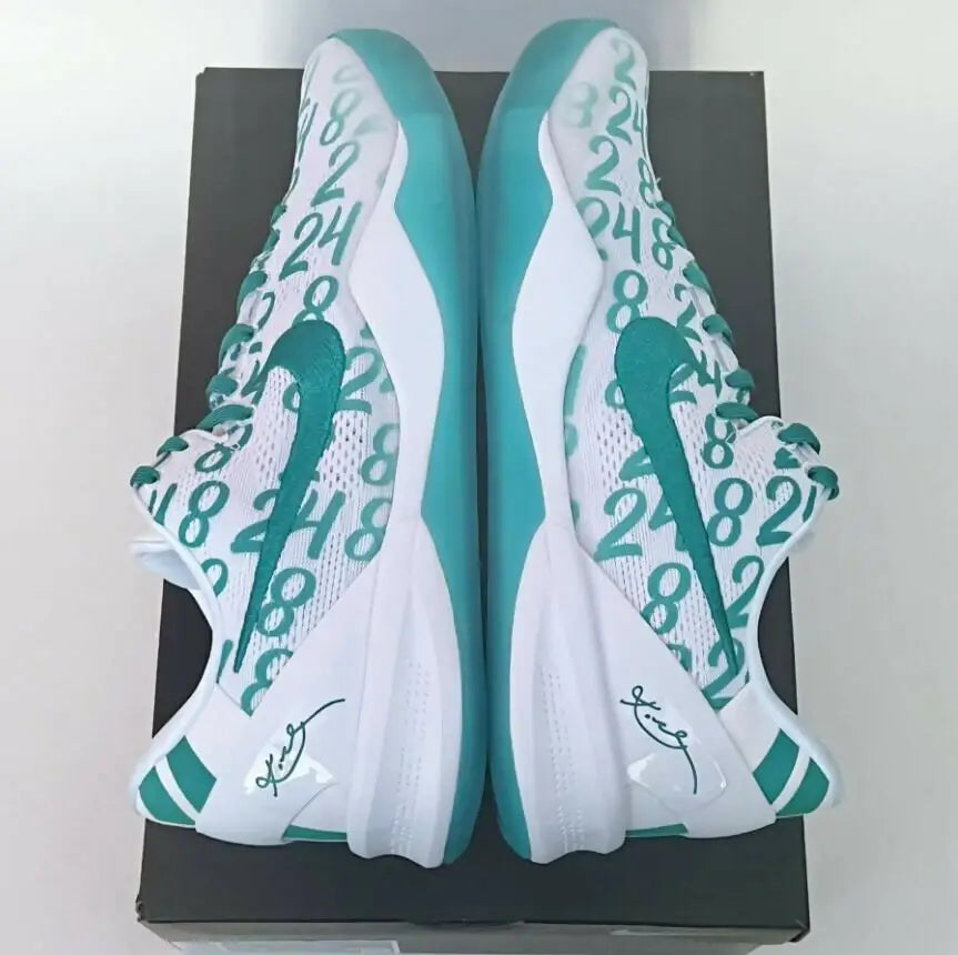 Nike Kobe 8 Protro Radiant Emerald sneakers with white teal design, fast shipping available