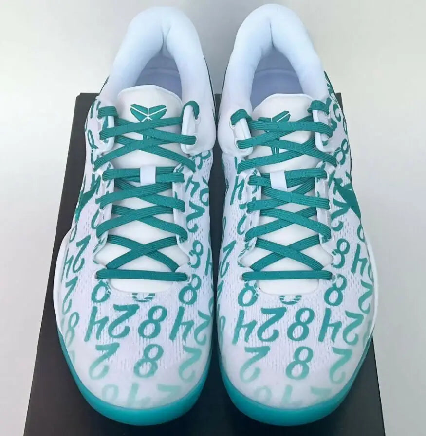 Nike Kobe 8 Protro Radiant Emerald athletic shoes with white teal pattern, fast shipping