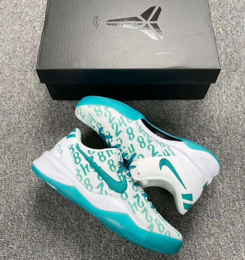White and teal Nike Kobe 8 Protro Radiant Emerald shoes with 8 and 24, fast shipping