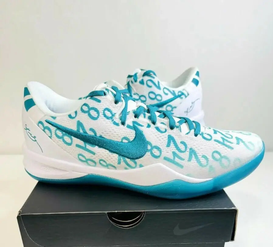 White and teal Nike Kobe 8 Protro Radiant Emerald sneakers with all-over 8 and 24 print, fast shipping
