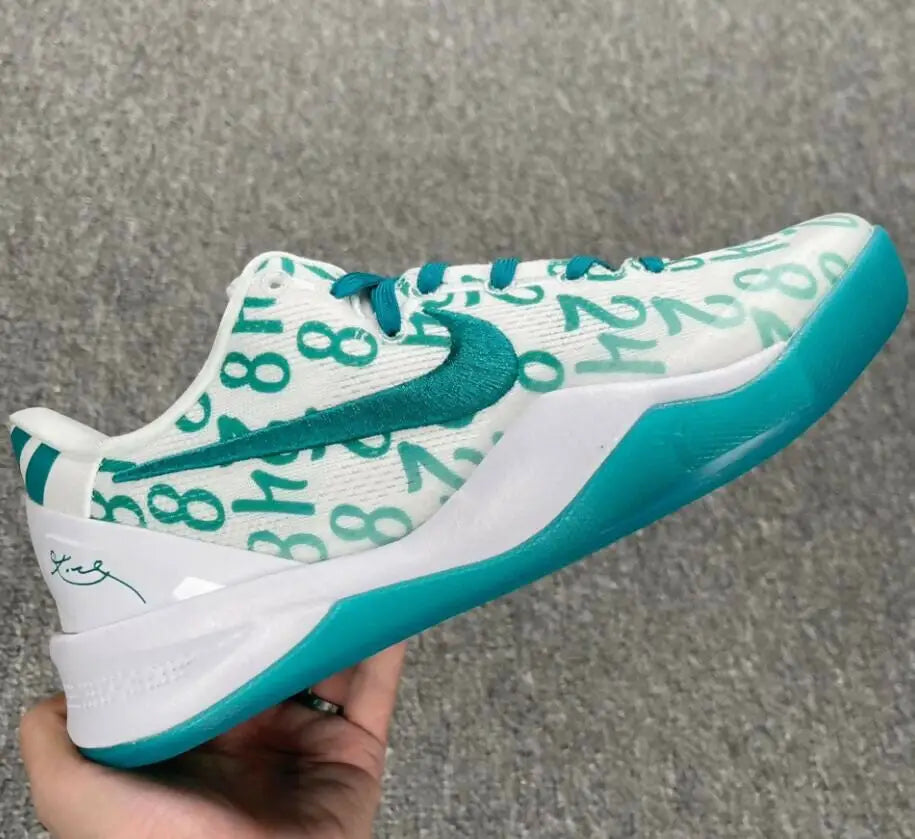 Nike Kobe 8 Protro Radiant Emerald basketball shoe with scattered numbers and signature, fast shipping