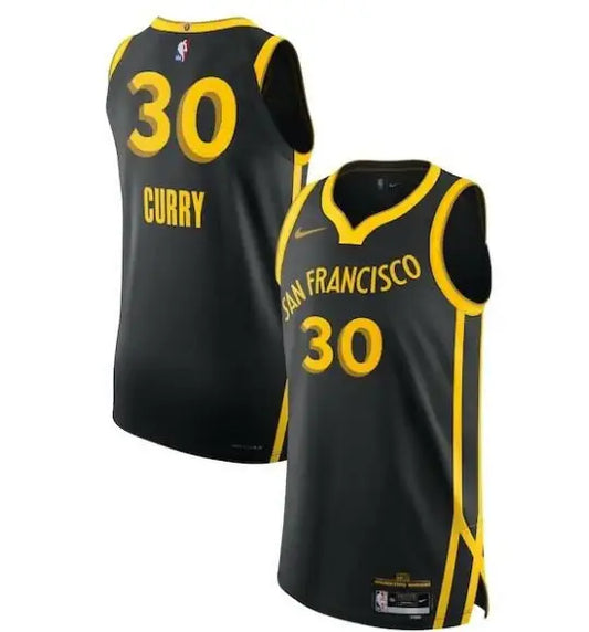 Black and gold Nike Stephen Curry Golden State Warriors City Edition jerseys featuring Curry 30 and San Francisco 30