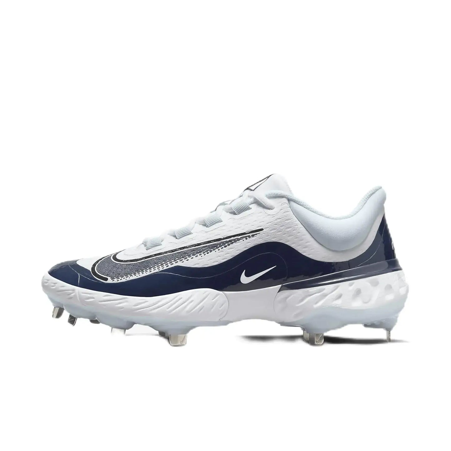 White and navy Nike Team Alpha Huarache Elite 4 Low Metal Baseball Cleats for performance