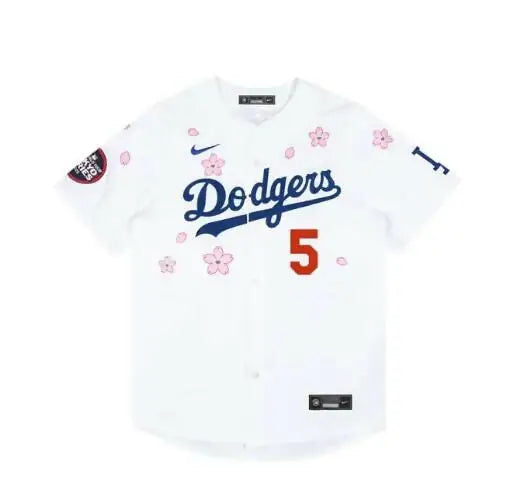 White Dodgers baseball jersey with cherry blossoms from Nike x Takashi Murakami MLB Tokyo Series 2025