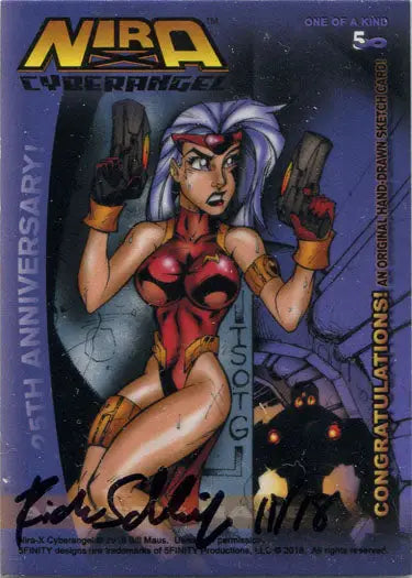 Futuristic female warrior sketch card by Rich Schleifer, featuring Nira-X Cyberangel