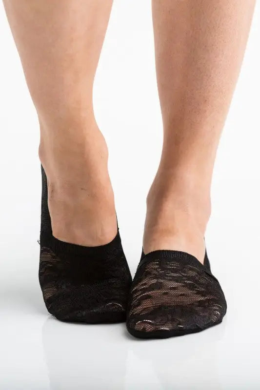 Sheer black floral lace sneaker socks in a No-Slip 3 Pack for women