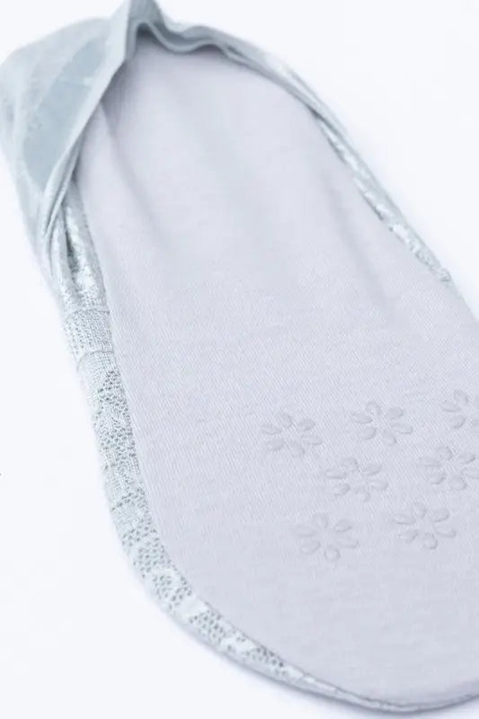 Light grey anti-slip footie sock with floral lace patterns and lace trim for sneaker socks