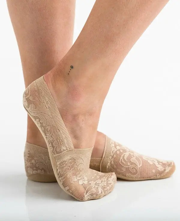 Sheer floral lace sneaker socks in nude beige for a stylish no-slip look