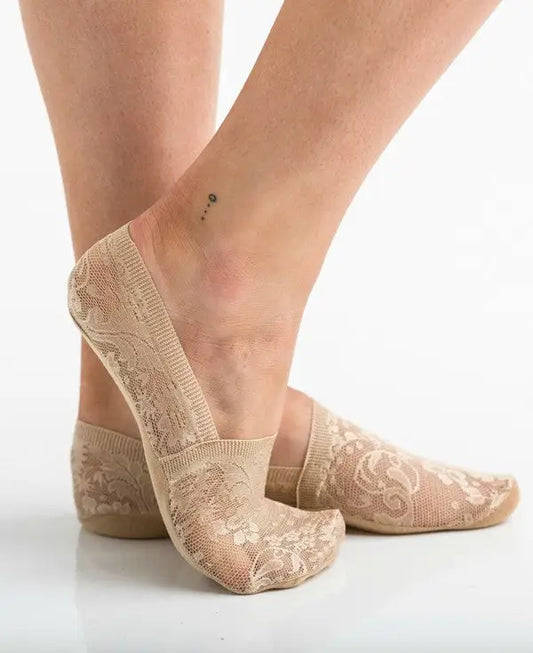 Sheer floral lace sneaker socks in nude beige for a stylish no-slip look
